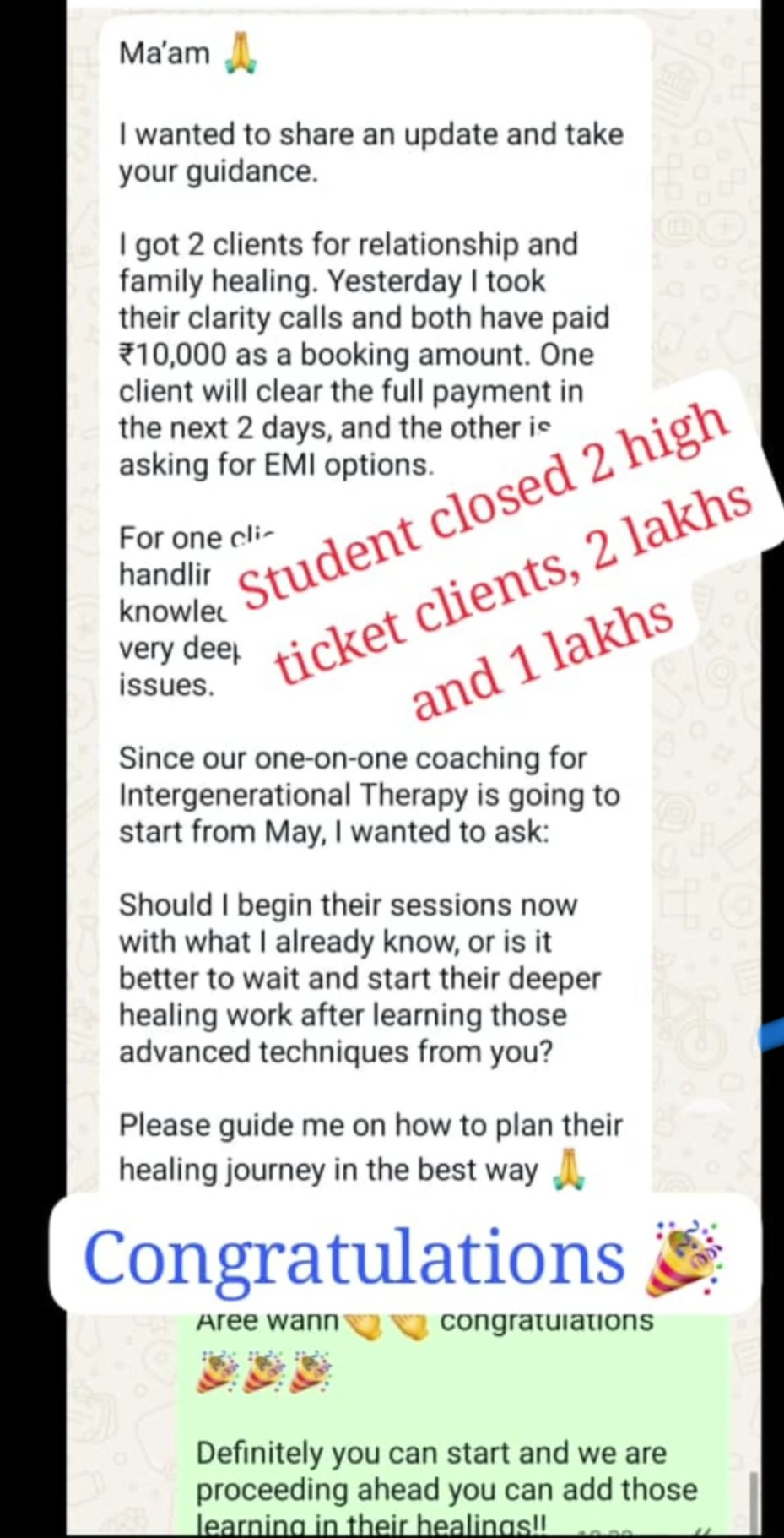 Student closed two high-ticket healing clients