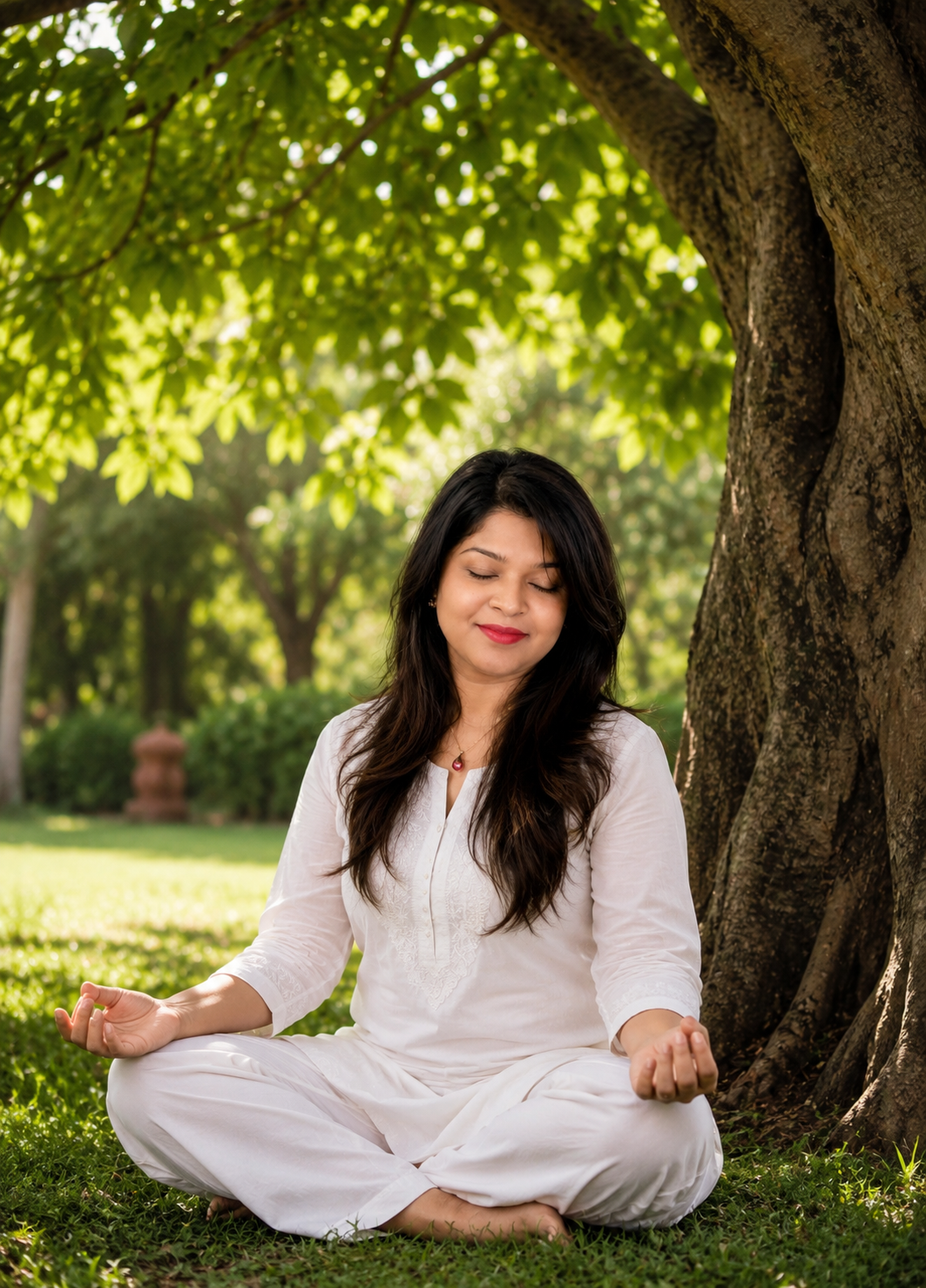 Dr. Swapna Marathe meditating under a tree